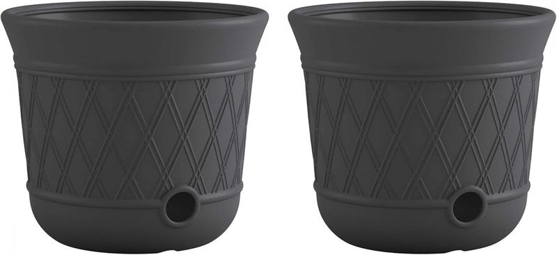 suncast 2 Pack 14" x 12" Round Resin Decorative Weatherproof Outdoor Hideaway Standard Garden Hose Storage Pot with Drainage Holes, Gray - Image 1